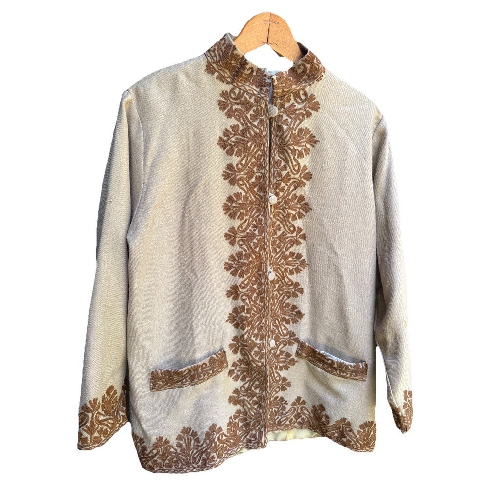 Ethnic Embroidered Wool Jacket Silk Lined Boho Folk Covered Buttons Large